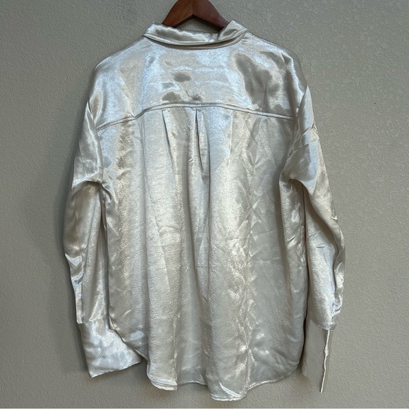 NWT Free People Women’s Satin Button Down Shirt Large Sand Beige Long Sleeve - Picture 2 of 8